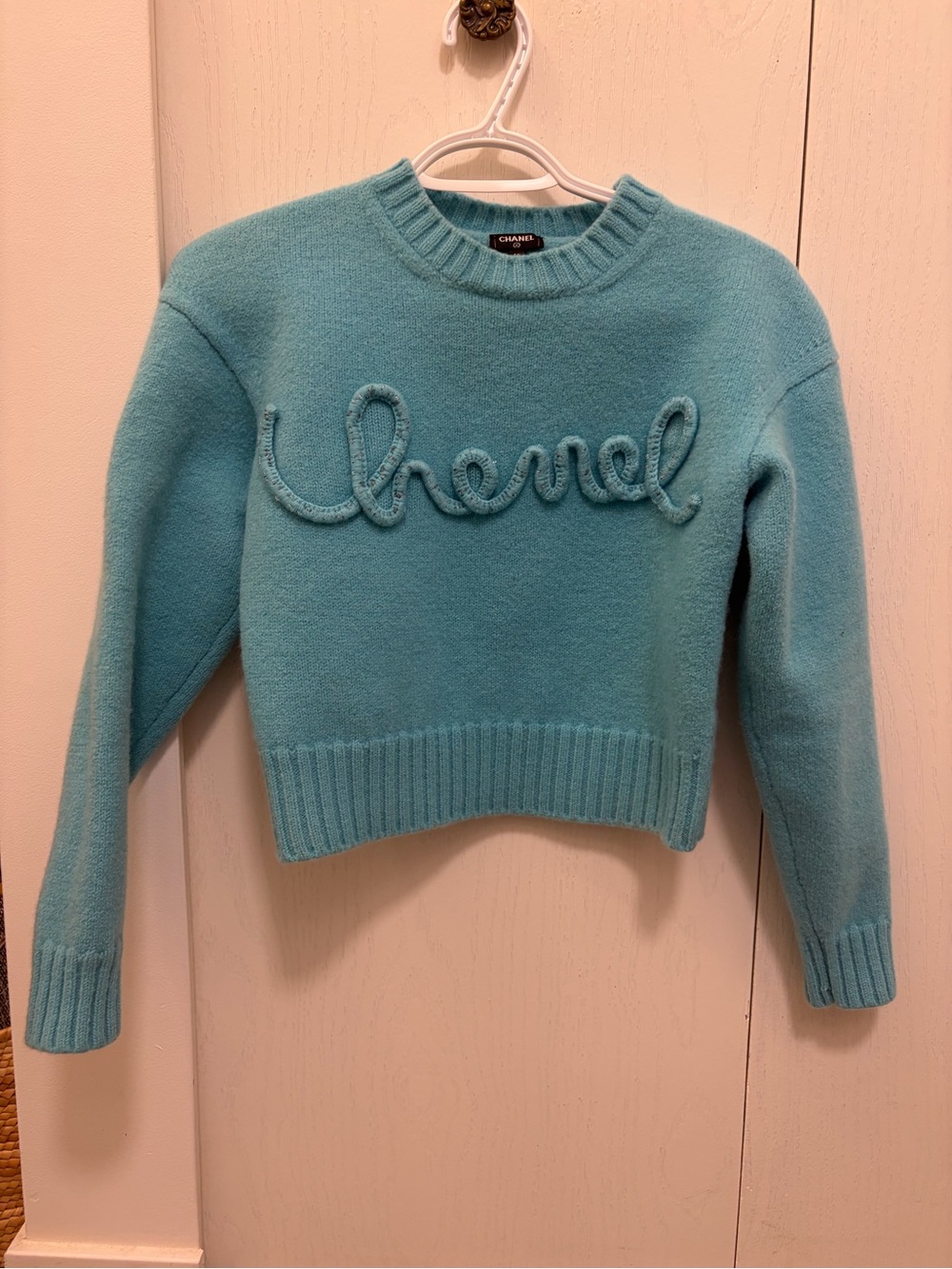 CHANEL Cashmere Sweater Turquoise Script Logo